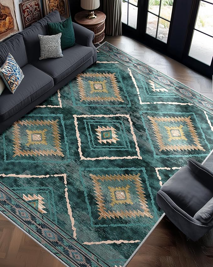 8'x10' Washable Area Rug for Living Room Bedroom Teal/Green | Soft Western No Slip Low Pile Print Foldable Indoor for Kitchen Dining Room