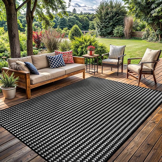 Washable Outdoor Rug 6x9 Modern Area Rugs Outdoor Carpets Striped Pattern Non Shedding Waterproof Easy Clean Patio Deck Porch Living Room Bedroom Garden RV (6 X 9 Black)