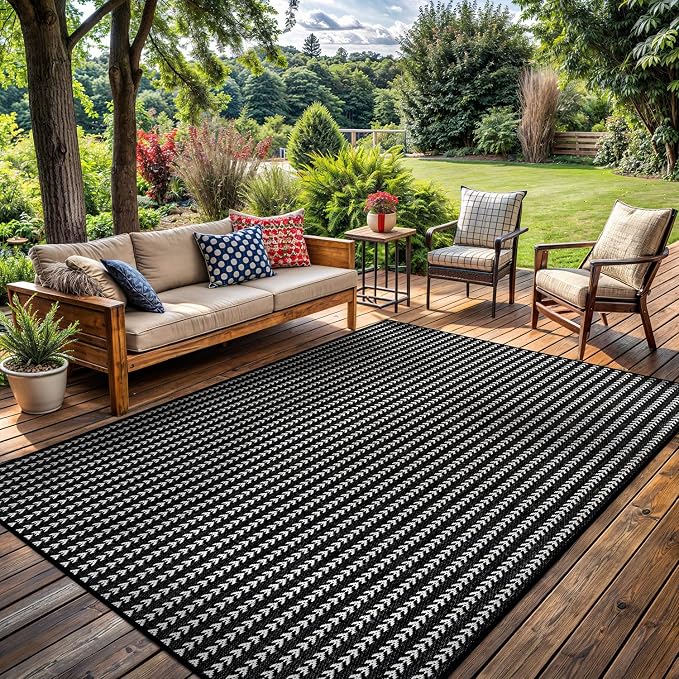 Washable Outdoor Rug 8x10 Modern Area Rugs Outdoor Carpets Striped Pattern Non Shedding Waterproof Easy Clean Patio Deck Porch Living Room Bedroom Garden RV (8 X 10 Black)