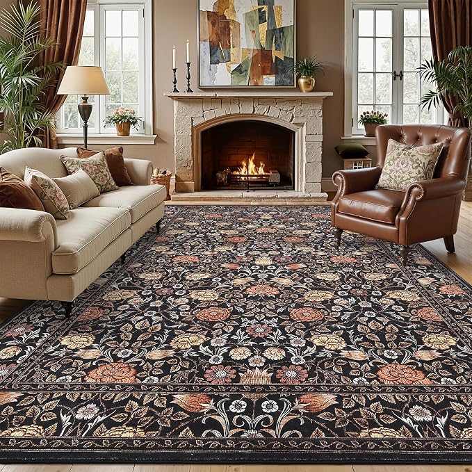 GarveeHome Dark Brown Floral 9x12 Area Rugs for Living Room Bedroom | Large Washable Dinning Room Dorm Office Rug Vintage Boho Rugs Low-Pile Non-Slip Stain Resistant TPE Backing
