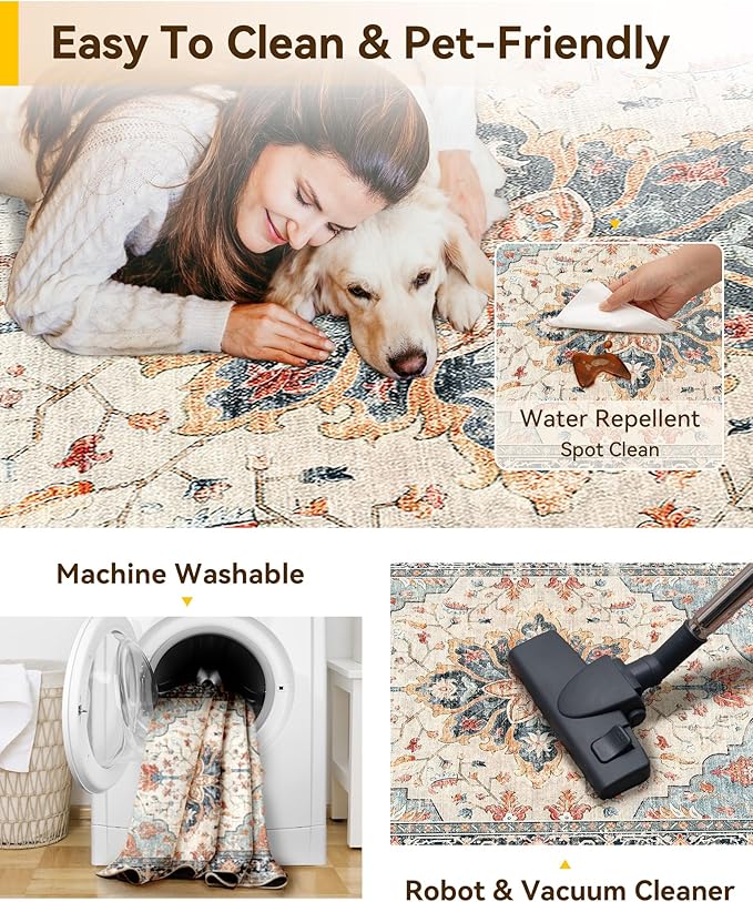 RELEANY Washable Area Rug, Runner 3'x10', Beige/Blue/Orange | Non-Slip, Water Repellent, Pet Friendly, Easy to Clean, Vintage Floral Boho Decor for Kitchen Hallway Laundry Living Room