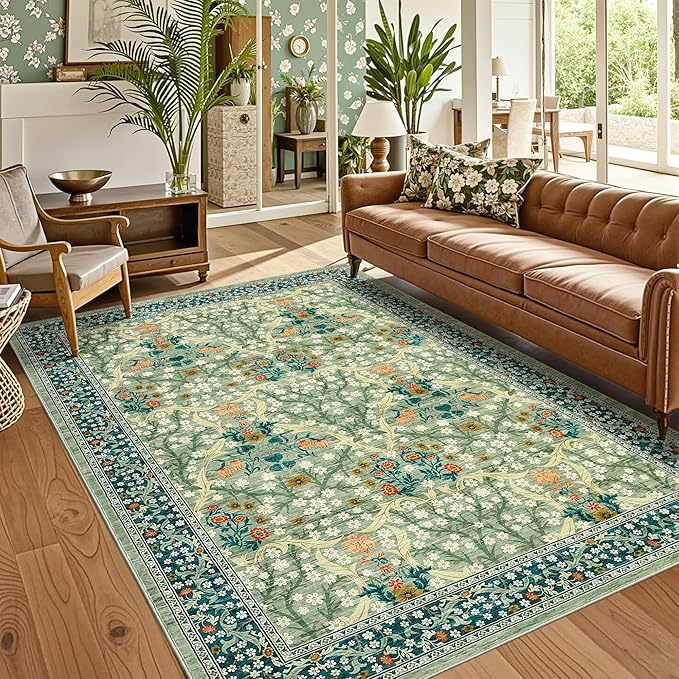 GarveeHome Sage Green Floral 5x7 Washable Area Rug for Living Room Bedroom | Vintage Low-Pile Non-Slip Carpet Soft Stain Resistant Rugs for Large Room Botanical Boho Rug TPE Backing
