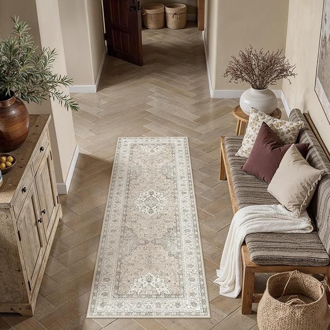 2x5 Washable Runner Rug Beige Brown Non Slip Vintage Carpet | Low Pile, Stain Resistant, Living Room, Kitchen, Bedroom, Entryway, Laundry Room, Hallway, Soft, Thin, Lightweight