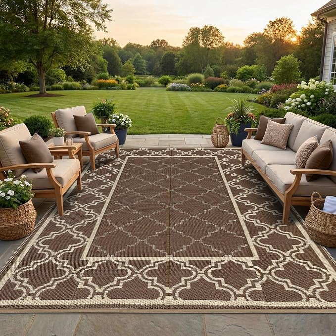 Garvee Reversible Outdoor Rug 6x9, Waterproof Outdoor Plastic Straw Rug with Interlacing Pattern, RV Mat for Picnics, Patio, Camping, Balcony, Deck, Backyard, Porch, Brown
