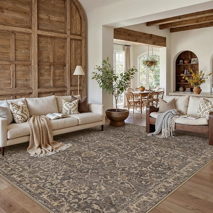 8x10 Brown Vintage Floral Washable Area Rug for Living Room | Low Pile, Non Slip, Retro Style, Soft Distressed Indoor Rug for Bedroom, Dining Room, Kitchen, Entrance, Home Decor