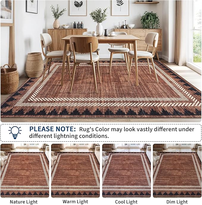 GarveeHome Washable 9x12 Area Rug Christmas Red Rugs for Living Room Bordered Neutral Rug,Modern Geometric Rug for Farmhouse Non Slip Soft Non Shedding Low Pile Neutral Carpet for Open Spaces Office
