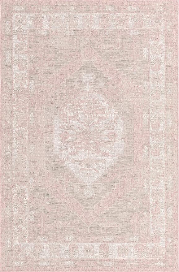 Unique Loom Outdoor Traditional Collection Area Rug - Valeria (5' 3" x 7' 10" Oval, Pink/ Ivory)
