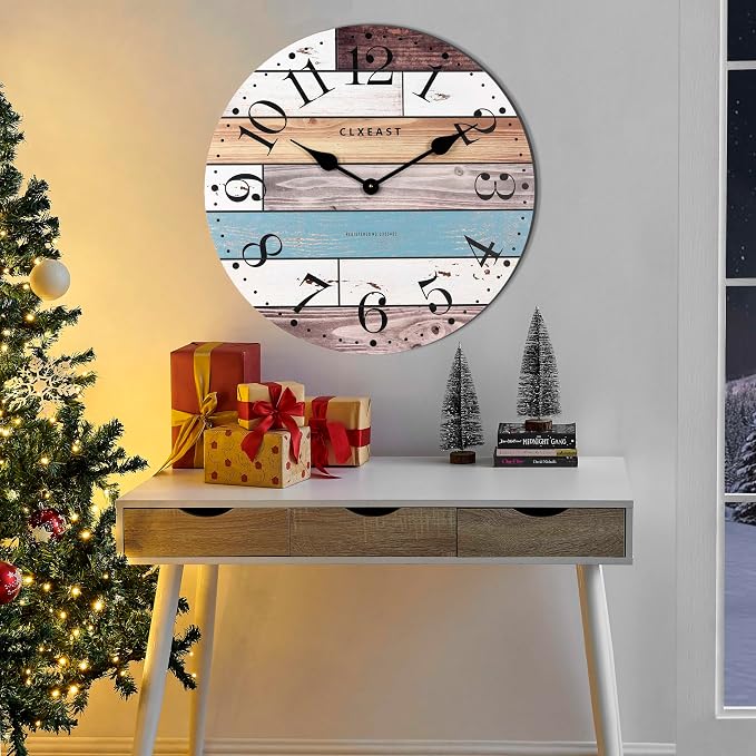 CLXEAST 24 Inch Multicolor Woodgrain Shiplap Wall Clocks for Living Room Decor, Large Farmhouse Wall Clock,Coastal Beach Nautical Style