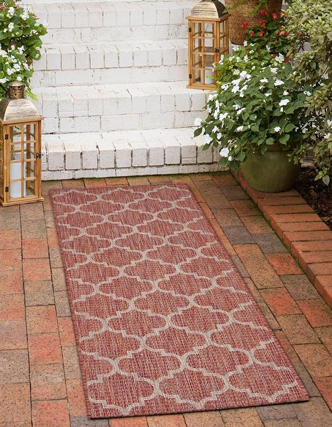 Unique Loom Outdoor Trellis Collection Area Rug (2' x 8' Runner Rust Red/Ivory)