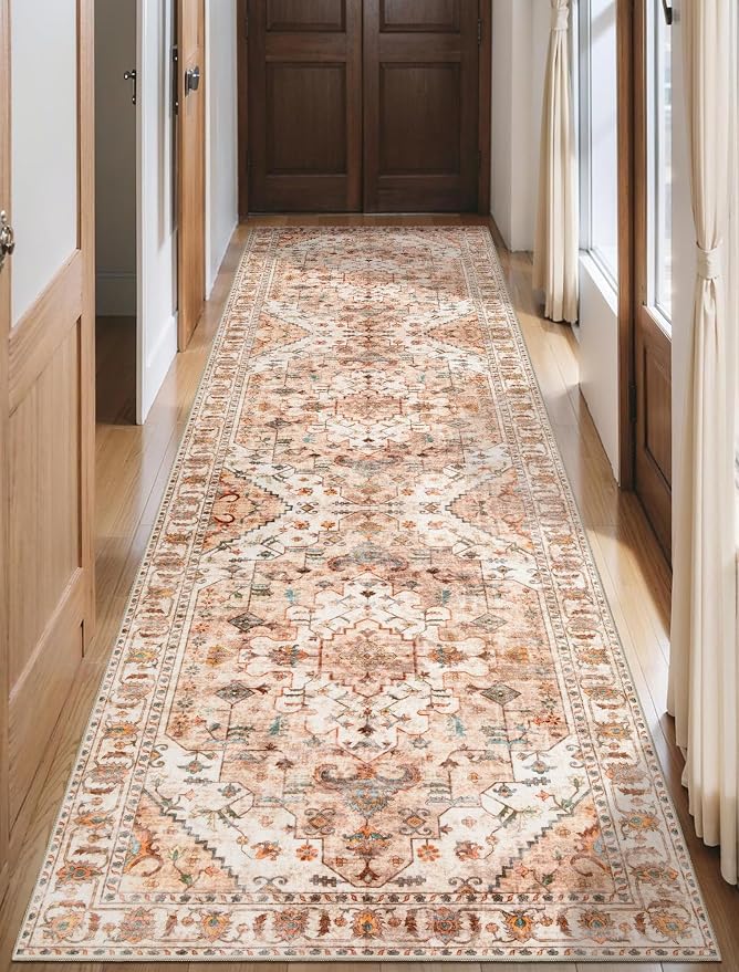 SERISSA 2'6"x10' Washable Non Slip Boho Runner Rug for Hallway，Peach Cream | Ultra Soft Vintage Oriental Carpet Low-Pile Tribal Floor Carpet for Kitchen Bedroom Bathroom Laundry Room