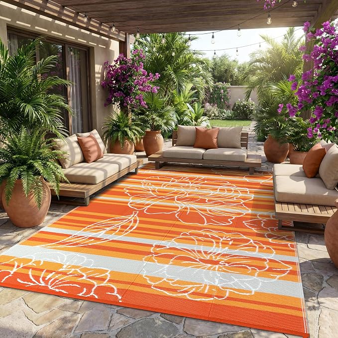 Garvee 9x12 Outdoor Waterproof Rug, Floral Outdoor Area Rug，Reversible Plastic Straw Patio Rug, Portable Camping Mat for RV, Picnic, Beach, Balcony, Garden & Camping Orange