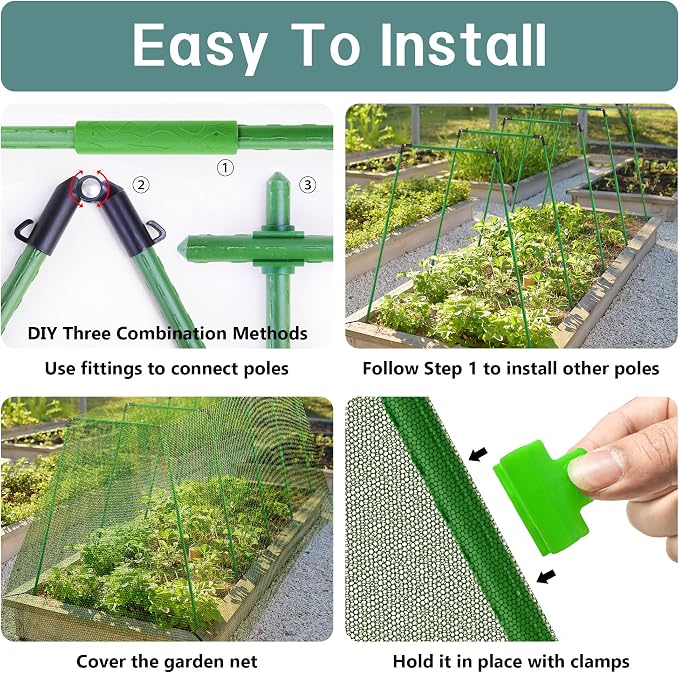 U0U Garden Mesh Netting Kit,7.8 x 24 Ft Ultra Fine Mesh Netting with Garden Hoops,Garden Netting Set for Raised Beds,Bird Net Protection for Vegetable Plants Birds Animals Protection (Green)