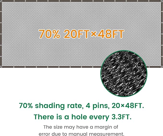 70% 20 X 48 FT Black Shade Cloth, Outdoor Sunblock Shade Cloth with Grommets, Durable Sun Shade Netting Shading Antifreezing for Patio, Garden, Plants Cover, Greenhouse, Barns, Dog Kennel