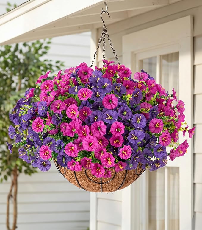Artificial Fake Hanging Flowers Plants Baskets for Outdoors Spring Summer Decoration, UV Resistant Faux Silk Morning Glory in Planter Realistic for Outside Porch Patio Balcony Garden Yard Home Decor