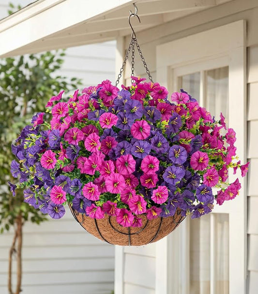 Artificial Fake Hanging Flowers Plants Baskets for Outdoors Spring Summer Decoration, UV Resistant Faux Silk Morning Glory in Planter Realistic for Outside Porch Patio Balcony Garden Yard Home Decor