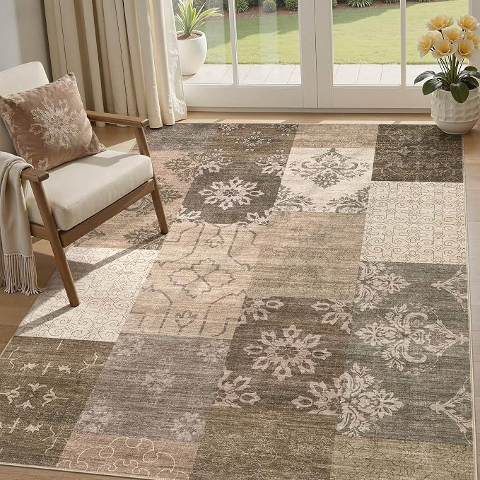 UERMEI 5x7 Area Rug for Living Room, Washable Brown Modern Geometric Patchwork Non Slip Stain Resistant Low Pile Foldable Carpet for Bedroom Dining Farmhouse Home Office