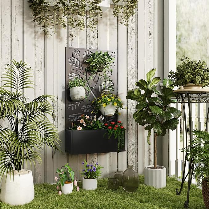 Outsunny Metal Raised Garden Bed with Trellis for Climbing Plants, Freestanding or Wall Mounted Flower Bed with Privacy Panel, Twigs and Leaves Cut-Outs Outdoor Planter Box for Garden, Patio, Balcony