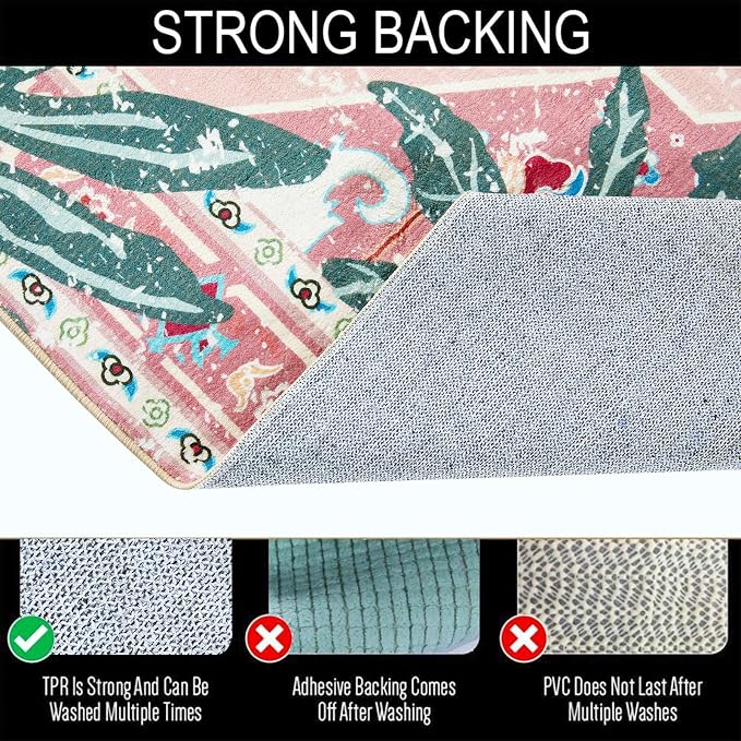 Washable Pink Rugs Boho Vintage Tropical Jungle 9x12 Area Rugs Tribal Oriental Carpet for Bedroom Kitchen Dining Living Room Office Distressed Indoor Cute Nursery Rug