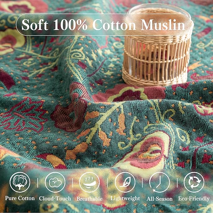 Phuryllic Boho Throw Blanket Queen Size, Oversized Soft Cozy Cotton Muslin Quilt Blanket for Bed Decor, Floral Patterned Couch Sofa Chair Cover, Vintage Farmhouse Cottage Woven Blanket, Green&Orange