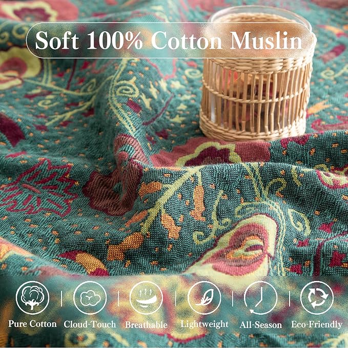 Phuryllic Boho Throw Blanket Full Size, Extra Large Soft Cozy Cotton Muslin Quilt Blanket for Bed Decor, Floral Patterned Couch Sofa Chair Cover, Vintage Farmhouse Cottage Woven Blanket, Green&Orange