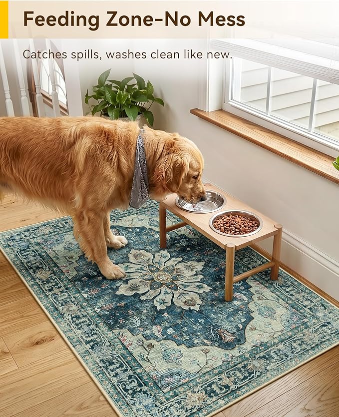 RELEANY Washable Area Rug, Small 2'x3', Blue/Vintage Dark Blue | Non-Slip, Water Repellent, Pet Friendly, Easy to Clean, Vintage Floral Boho Decor for Kitchen Entryway Bathroom