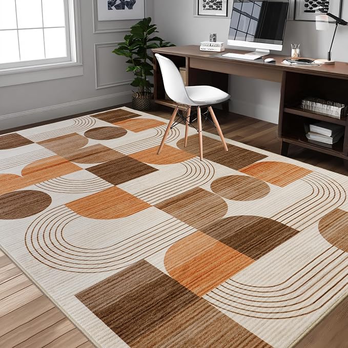 Soft Modern Geometric Abstract Large Machine Washable 4x6 Area Rug | Orange Rugs for Bedroom Living Room, Non-Shedding Faux Wool Indoor Throw Floor Carpet for Office Entryway Dining Room Decor