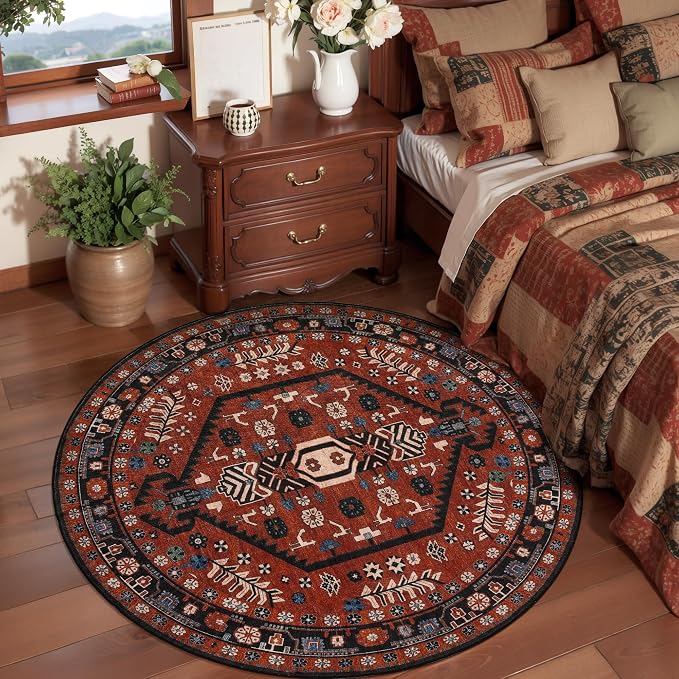 Ciicool 3ft Round Small Area Rug for Entryway,Circle Mat for Dining Room | Washable Soft Non-Slip Low-Pile Oriental Indoor Mat Boho Red/black Entry Carpet for Entryway Bedside Laundry Bathroom