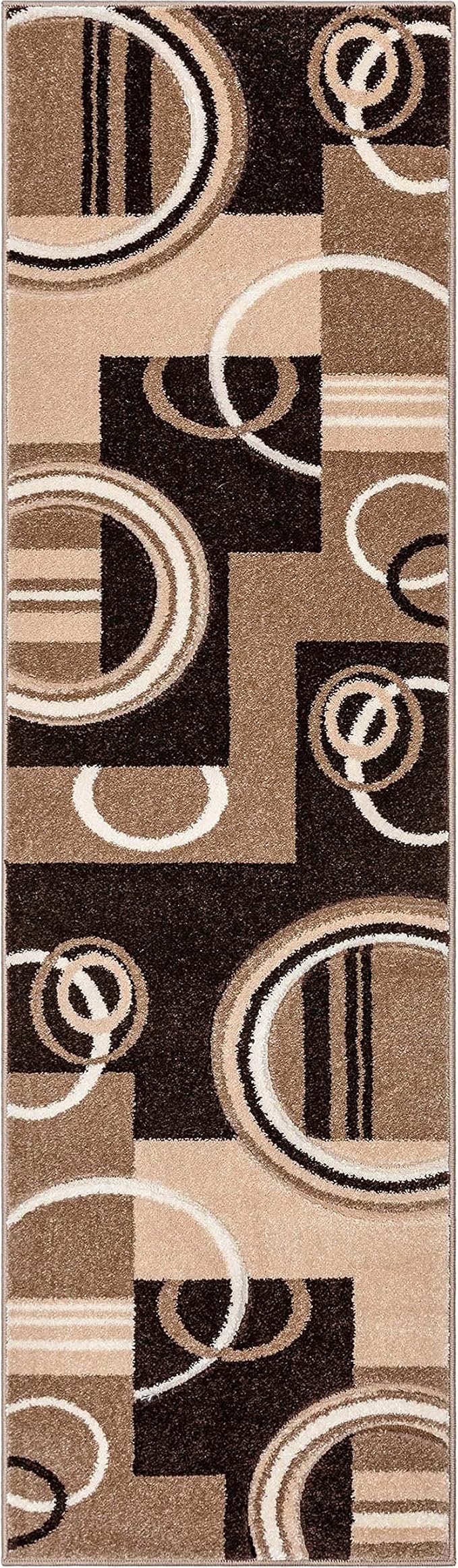 Well Woven Ruby Echo Shapes & Circles Geometric Ivory and Beige 2 by 7 Runner Rug - Beveled Circle Design, Medium Pile Contemporary Carpet, Durable Stain Resistant Hallway Runner, Hand-Carved Texture