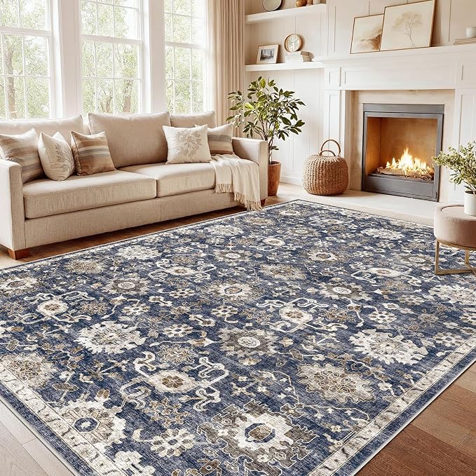 AMADA HOMEFURNISHING 9x12 Washable Area Rug, Low-Profile Large Area Rug with Non-Slip Backing & Durable Edge Binding, Vintage Large Rugs for Living Room, Bedroom & Dining Room