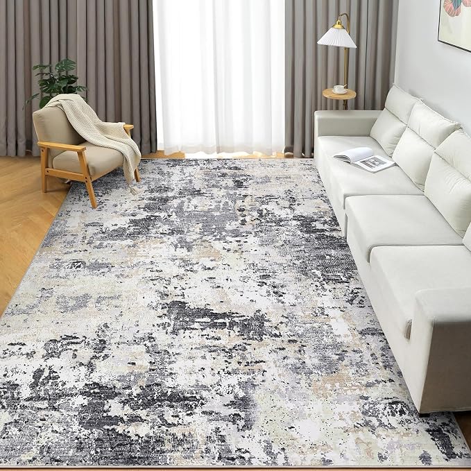ROYHOME Modern Abstract Area Rug 5x7 Non Slip, Black Yellow | Non Shedding Rug Low Pile Stain Resistant for Bedroom Living Room