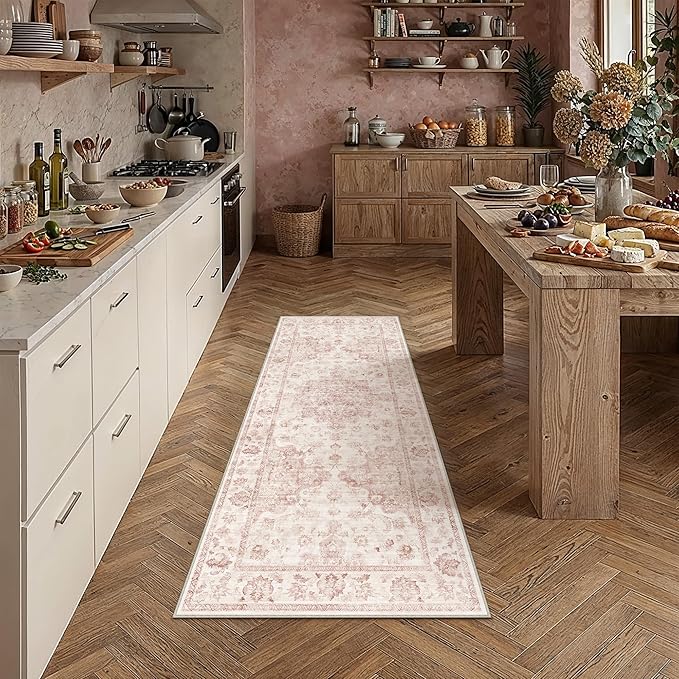 2x5 Pink Neutral Runner Rug | Washable, Non Slip, Soft Low Pile, Vintage Farmhouse, for Hallway Kitchen Laundry Bathroom Bedroom Living Room Home Decor