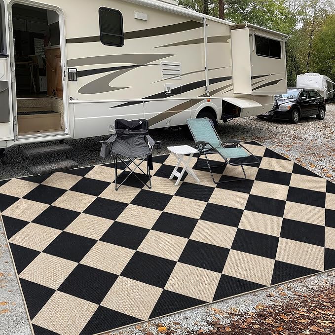 GarveeHome 9x12 Checkered Easy Jute Rugs for Bedroom Machine Washable Black | Large Rugs Non-Slip Backing Modern Neutral Stain Resistance Carpets for Farmhouse Patio Dining Room Backyard