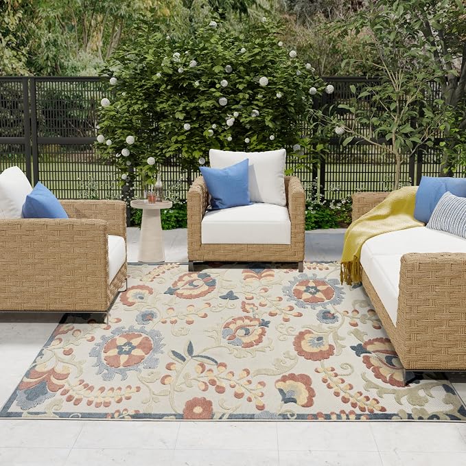 Nourison Home Aloha Grey Multicolor 7'10" x 10'6" Area Rug - Easy Clean, Non Shedding, Bed Room, Living Room, Dining Room, Kitchen (8' x 11')