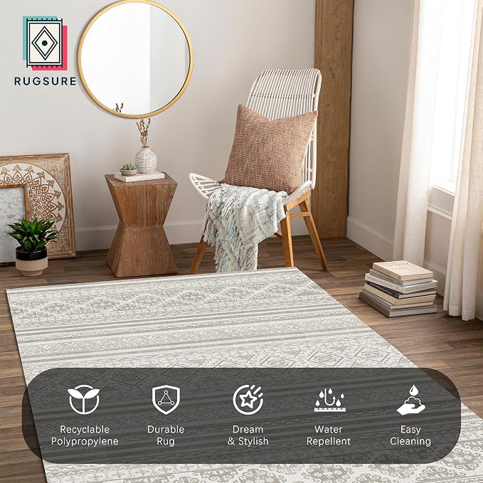 Washable Area Rugs 6' x 9' - 1/6 Thick - Moroccan-Inspired -Stain & Water Resistant Non-Slip - Resistant Rug for Living Room, Bedroom, Nursery, Pet & Child Friendly (Grey)