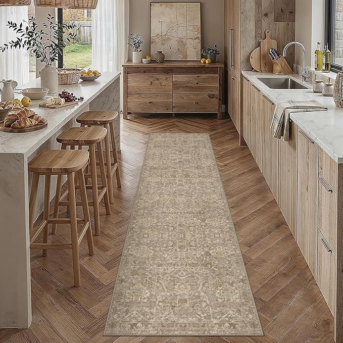 2x8 Light Brown Vintage Floral Washable Runner Rug for Hallway | Low Pile, Non Slip, Retro Style, Soft Distressed Indoor Rug for Entrance, Kitchen, Bedroom, Laundry Room, Home Decor