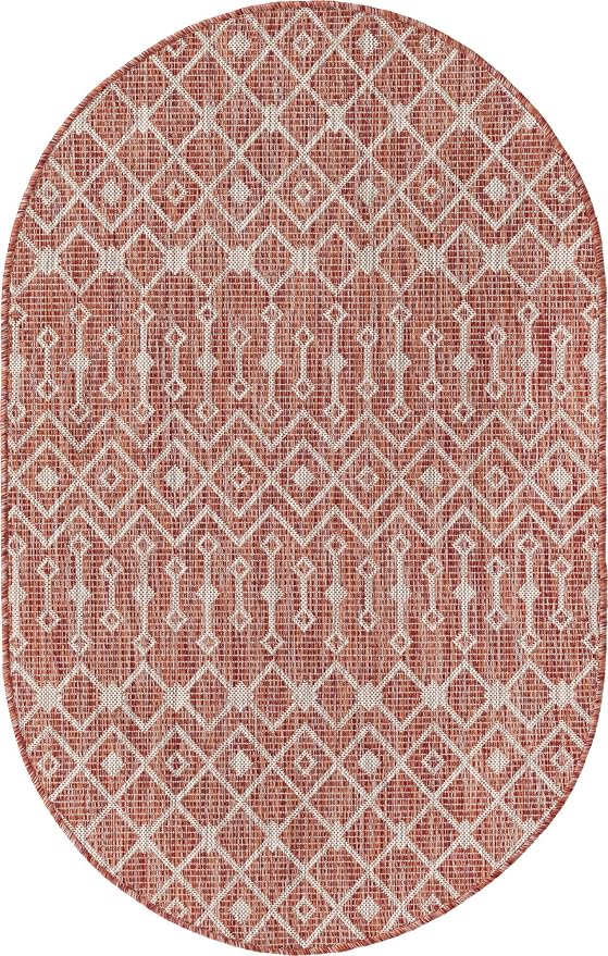Unique Loom Outdoor Trellis Collection Area Rug - Tribal Trellis (3' 3" x 5' 3" Oval, Rust Red/ Ivory)