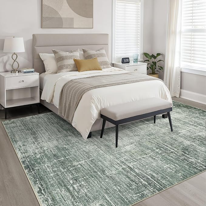 LOONGRUG 5x7 Area Rug Washable Neutral Modern Living Room Rug Dark Green | Abstract Soft Stain Resistant Indoor Floor Non-Slip Carpet for Bedroom Nursery Kids Office Playroom