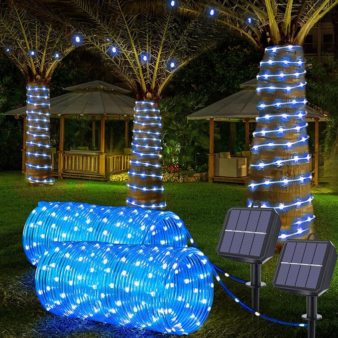 Jnaurb Solar Rope Lights, 2 Pack Total 66ft 200LED Solar String Lights, 8 Modes Waterproof Solar Outdoor Light, Flexible Clear Trampoline Light for Garden Yard Patio Deck Porch Pool Tree Decor - Blue