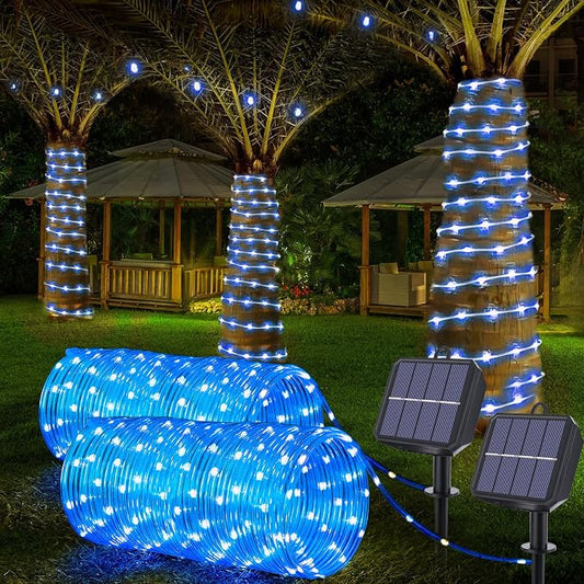 Jnaurb Solar Rope Lights, 2 Pack Total 66ft 200LED Solar String Lights, 8 Modes Waterproof Solar Outdoor Light, Flexible Clear Trampoline Light for Garden Yard Patio Deck Porch Pool Tree Decor - Blue