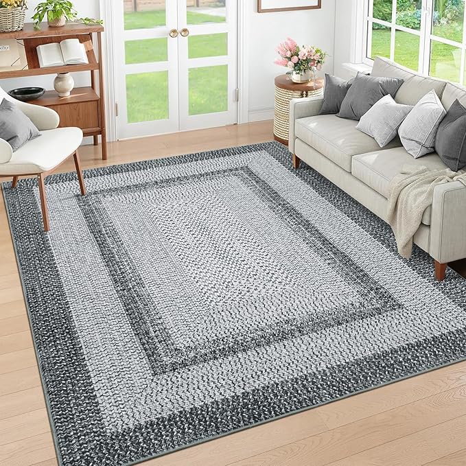 RUGSREAL 10x13 Large Living Room Rug Washable Braided Print Bedroom Rugs | Throw Carpet Farmhouse Rustic Dining Room Non Slip Geometric Bordered Carpet for Home Decor Office, Grey