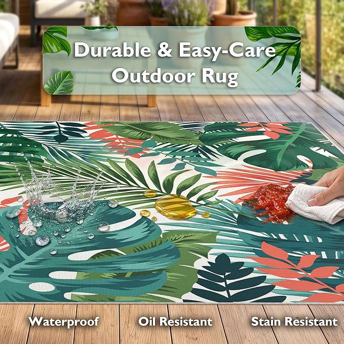 Arenarug 8x10 Monstera Tropical Outdoor Rug – Waterproof Non-Slip Machine Washable Patio Rug, UV & Stain Resistant Outdoor Carpet for Patio Deck Balcony Backyard, Teal