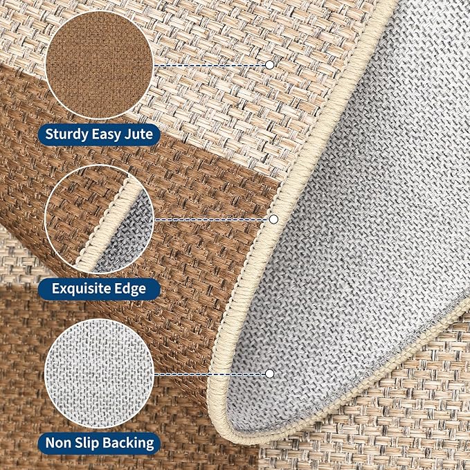 GarveeHome Checkered Easy Jute 3x5 Entryway Rug Machine Washable Outdoor Patio Rug Non-Slip Backing Checkerboard Brown Indoor Outdoor Carpet for Hallway Bathroom Kitchen Bedroom