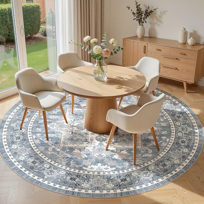 Washable Area Rug-8X8 Vintage Neutral Soft Blue | Non Slip Thin Foldable Large Floor Carpet for Living Room Bedroom Kitchen Dining Room Home Office Farmhouse Indoor