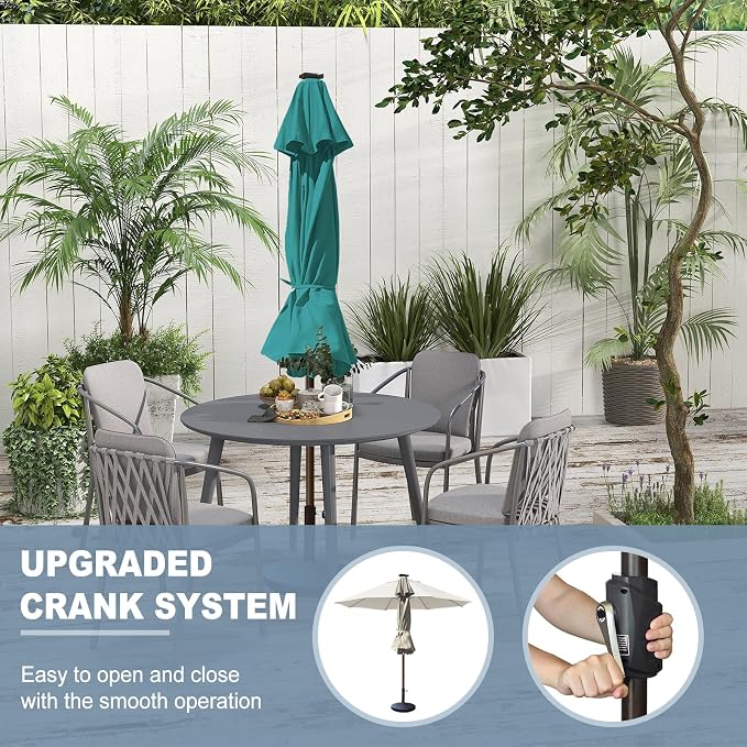 EliteShade USA 10-Year-Non-Fading 10ft Market Patio Umbrella, Commercial Grade Table Sun Umbrella with 80 Solar LED Lights, Crank Open, Windproof & UPF 50+ UV Protection for Garden, Deck, Pool, Backyard, Teal