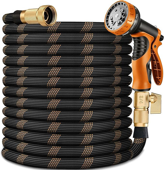Flexible Garden Hose 25 FT, Ultra Lightweight Water Hoses w/10 Function Sprayer and 3/4" Brass Fittings, Kink-Free, Sturdy, Abrasion Resistant for Yard, Lawn, Outdoor and Gardening(Black Orange)