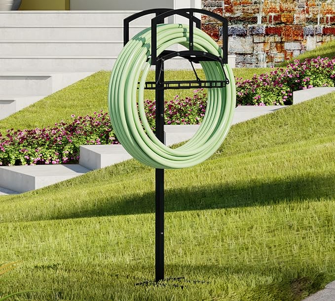 Garden Hose Holder with Storage Basket - Heavy-Duty Freestanding Hose Organizer, Black Powder-Coated, Detachable Design Holds 150FT Hose, Includes Assembly Tools for Lawn, Yard, and Garden