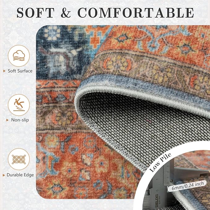 8x10 Area Rugs for Living Room - Washable Vintage Retro Large Rug, Soft Ultra Thin Non Slip Low Pile Traditional Distressed Boho Carpet for Bedroom Dining Room Home Office, Navy Rust
