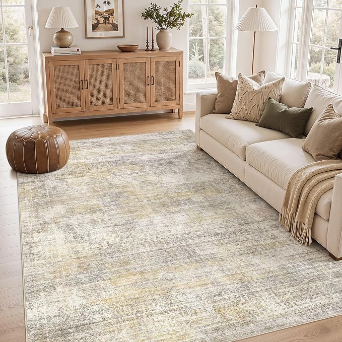 cotiled 6x9 Area Rugs for Living Room: Boho Washable Rug for Dining Room | Solve Modern Neutral Trendy Home Decor - Stain Resistan Indoor Soft Carpet for Bedroom Nursery Gold Brown
