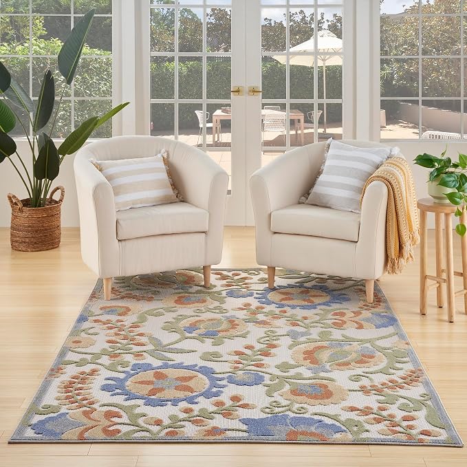 Nourison Home Aloha Ivory Blue 6' x 9' Area Rug - Easy Clean, Non Shedding, Bed Room, Living Room, Dining Room, Kitchen (6' x 9')