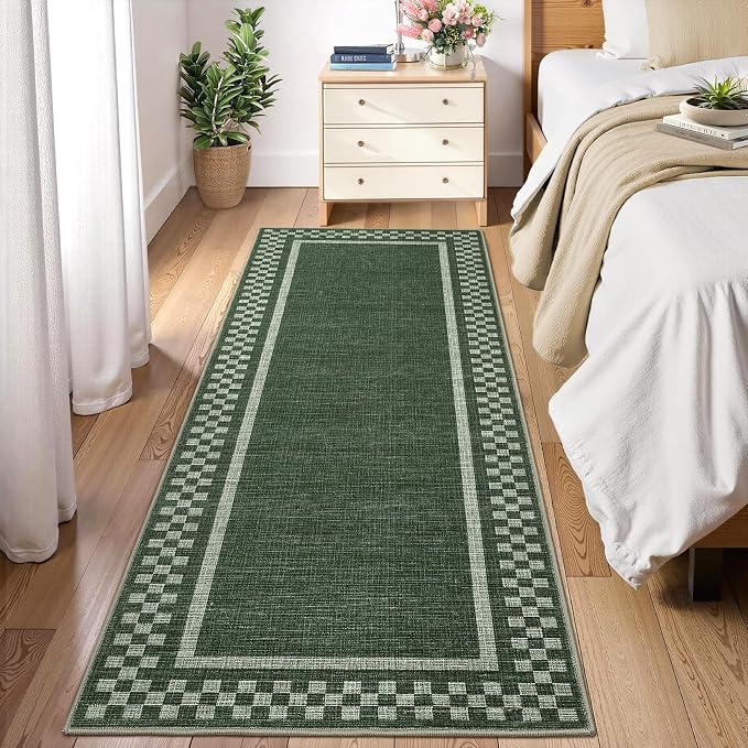 GarveeHome Washable Runner Rug 2x10 Modern Bordered Hallway Runner Rug | Non Slip Kitchen Throw Carpet Checkered Bathroom Entryway Low Pile Solid Rugs for Living Room Bedroom Nursery Sink, Green